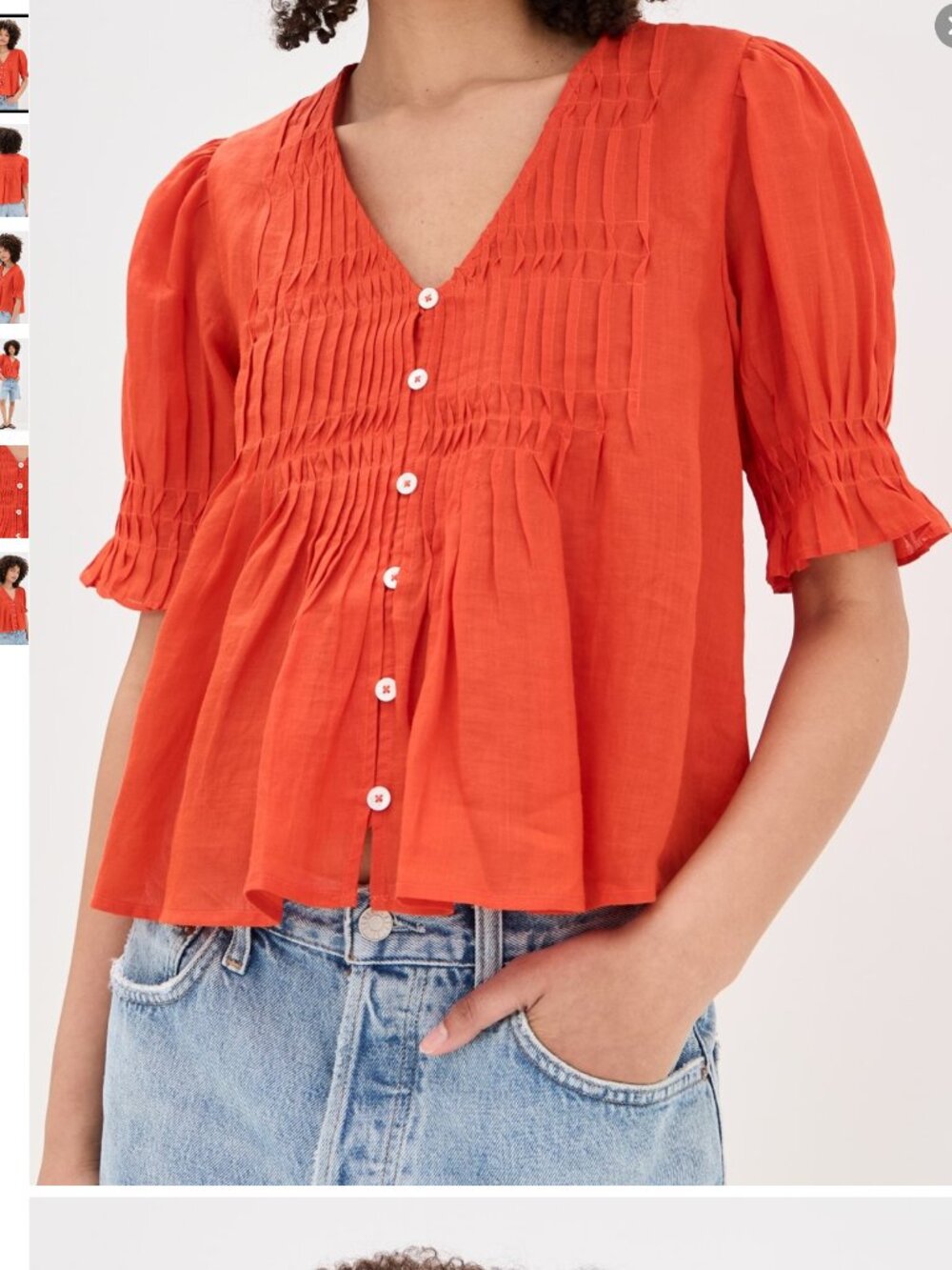 SEA New York Zora Chili Orange Puff Sleeve V-Neck Blouse Button Down